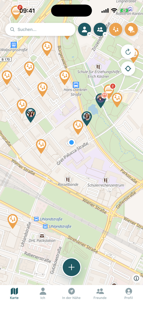 Karte mit Pins von Freunden in der Nähe