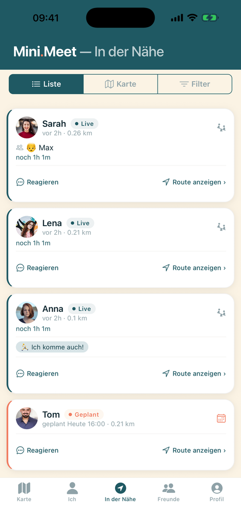 Liste mit Freunden in der Nähe, live und geplant, sortiert nach Entfernung