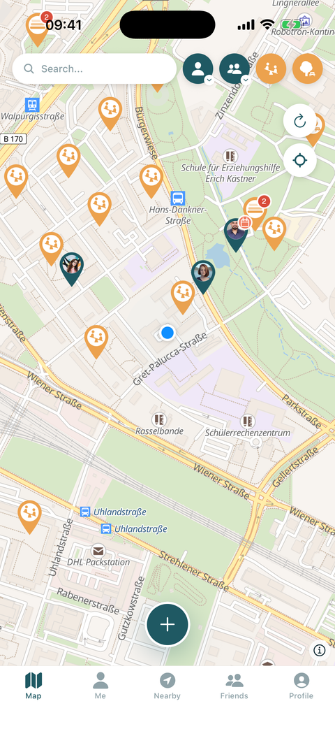 Map with pins of friends nearby