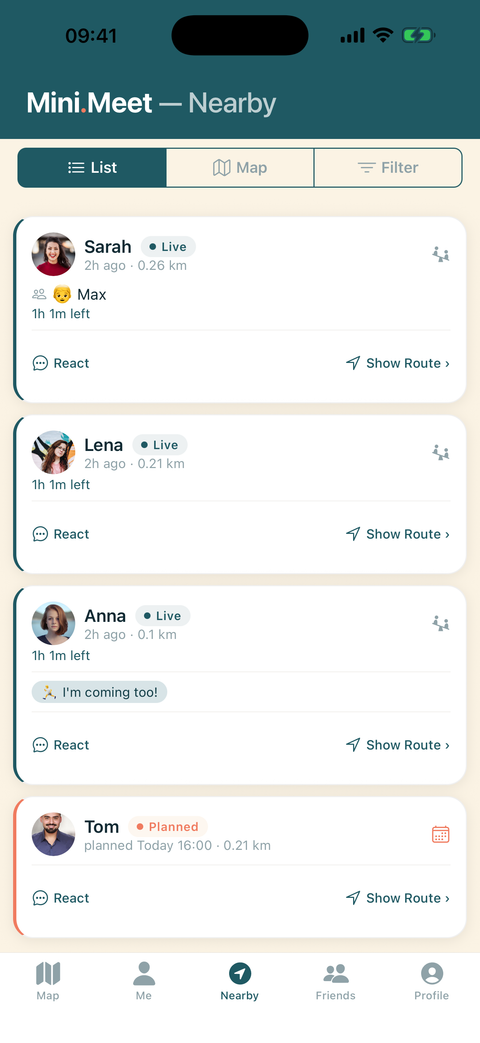 List of nearby friends, live and planned, sorted by distance